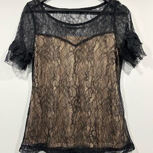 Black Lace Overlay Medium Top Short Sleeve Ruffles
